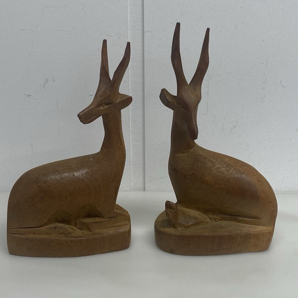 2 Vintage Carved Wood Antelope Gazelle Figures Hand Carved MCM Decor